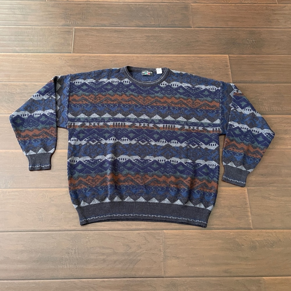 VTG The Italian Sweater Co Men's Wool Sweater Geometric Print Sz 2XL